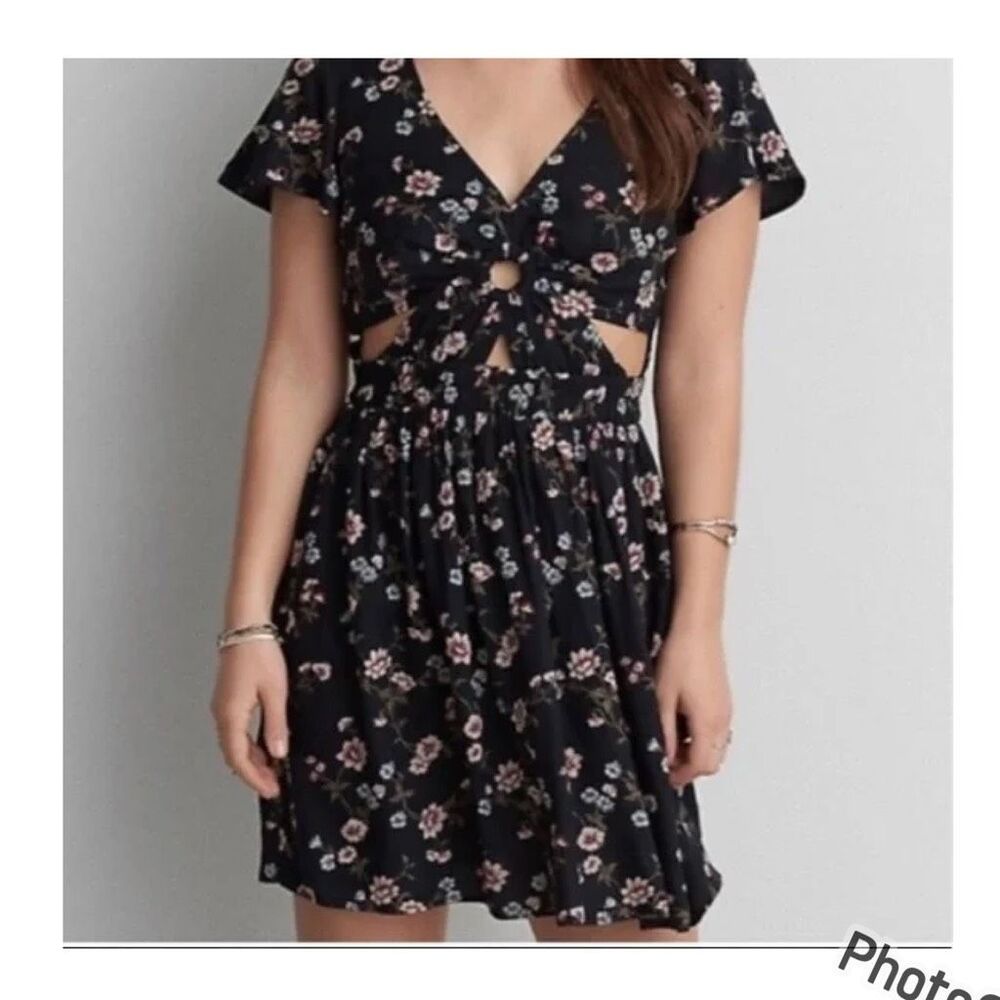 American Eagle Black Floral Dress with Cutouts Small Women